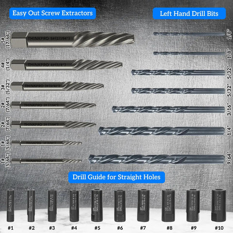 Image of 24 Piece Broken Bolt Extractor Kit With Left Hand Drill Bits Screw Extractors And Drill Bit Guides For Stripped Head Screws And Nuts Heavy Duty Auto Repair And Home Improvement Set, showing drill bits and extractors.