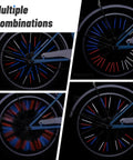 Reflective Bike Spoke Covers Set Of 72 Pieces Red White Blue shown on bicycle wheels in multiple lighting styles