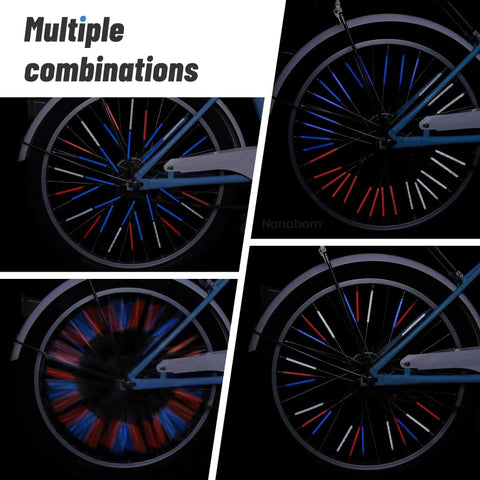 Reflective Bike Spoke Covers Set Of 72 Pieces Red White Blue shown on bicycle wheels in multiple lighting styles