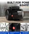 Straight Up Heavy Duty 1.5 HP Farm Duty Electric Motor showing thermal protector, keyed shaft, and specs on a wooden table.