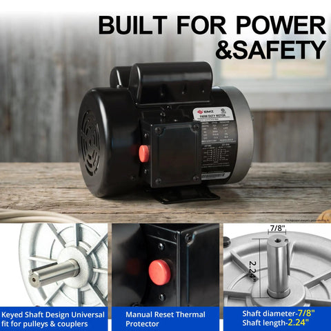 Straight Up Heavy Duty 1.5 HP Farm Duty Electric Motor showing thermal protector, keyed shaft, and specs on a wooden table.