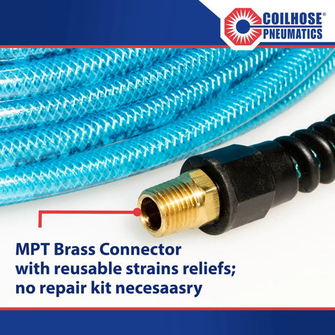 Kink Resistant Flexeel Reinforced Polyurethane Air Hose 1/4 Inch ID 100 Foot With 2 1/4 Inch MPT Reusable Strain Relief Fittings For Indoor And Outdoor Use