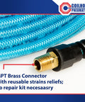 Flexeel Reinforced Polyurethane Air Hose Three Eighths Inch ID, 100 Foot Length, brass connector with strain relief, transparent blue