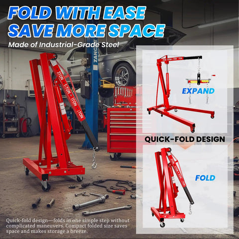 Easy Roll Three Ton Folding Hydraulic Engine Hoist with quick-fold design for compact storage and industrial-grade steel construction.
