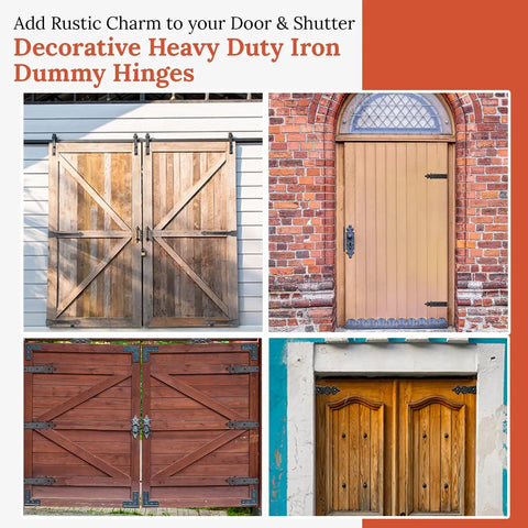 Four Pack 4 Inch Black Faux Strap Hinges Decorative Dummy Hinge on shutters, castle, barn, and carriage doors.