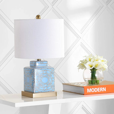Blue White Ceramic Ginger Jar Table Lamp With Square Lattice Chinoiserie Design, White Linen Shade, LED Included, on table.