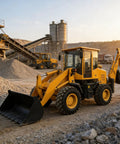 Compact Backhoe Loader With Front Loader And Rear Excavator in construction site with machinery in background