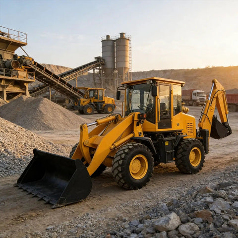 Compact Backhoe Loader With Front Loader And Rear Excavator in construction site with machinery in background