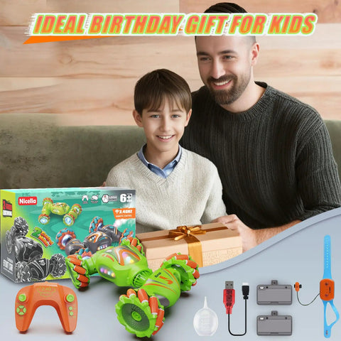 Father and son with 4WD Gesture Sensing RC Car For Kids Remote Control Stunt Vehicle, gift-wrapped, with accessories.