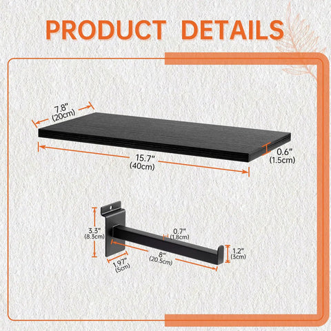 Six Shelf Wood Slatwall Shelves Kit With 12 Steel Brackets For Garage, Home Improvement And Retail Display, 15.8 W x 8 D x 0.6 H Inches Slat Wall Shelf Storage Solution dimensions detail