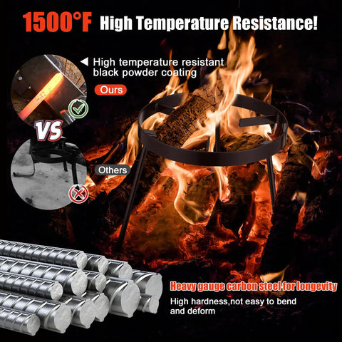 Beefy Campfire Tripod For Cooking Heavy Duty Outdoor Fire Pit Stand with high temperature resistance up to 1500°F over flames.
