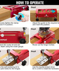 Essential Door Hinge Jig And Lock Installation Kit setup steps with adjustable guide and red aluminum template for accurate mortising.