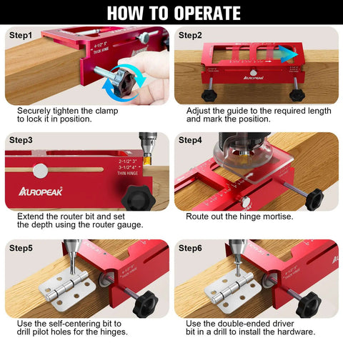 Essential Door Hinge Jig And Lock Installation Kit setup steps with adjustable guide and red aluminum template for accurate mortising.