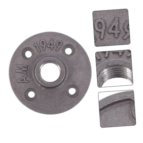 4 Pack Malleable Cast Iron Floor Flange Pipe Fittings for DIY Industrial Shelving and Vintage Furniture Decor, close-up details
