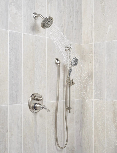Five Setting Rain Shower Head In Brushed Nickel Round High Pressure Water Saving 1.75 GPM With Beast Mode Full Body Spray Massage