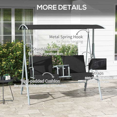 Two Person Porch Swing With Stand And Canopy Outdoor Swing With Pivot Storage Table And Cup Holders Cushions For Patio Backyard Black Weather Resistant Frame Easy Assembly And Chill Vibe For Sunsets