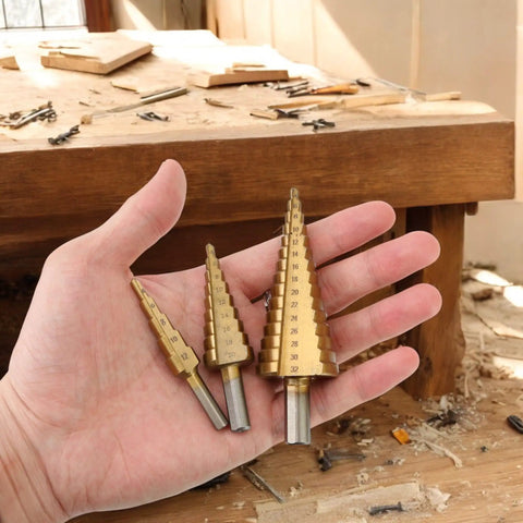 Hand holding three titanium plated step bits from Six Piece High Speed Reaming Pagoda Sawtooth Drill Bit Set With Titanium Plating In Box