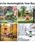 Solar Powered Hummingbird Feeder With 25 Oz Nectar Capacity Hand Blown Glass 6 Feeding Ports Moat Outdoor Hanging Color Changing LED Night Light Large Capacity Garden Decor with hummingbirds feeding in different seasons.