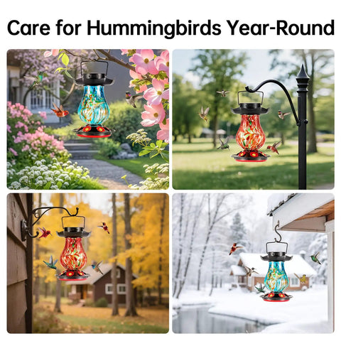 Solar Powered Hummingbird Feeder With 25 Oz Nectar Capacity Hand Blown Glass 6 Feeding Ports Moat Outdoor Hanging Color Changing LED Night Light Large Capacity Garden Decor with hummingbirds feeding in different seasons.