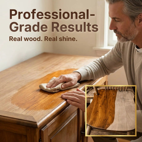 Native Bee Wax Wood Polish And Conditioner Blended With Bright Orange Oil Keep Your Furnishings Straight Up Pristine Restore Deep Color And Smooth Grain For A Clean Slick Shine 8 Oz being applied to a wooden tabletop.