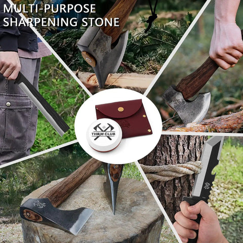 Collage featuring Dual Grit Axe Sharpener Stone 400 1000 with leather sheath and various axes and knives in use outdoors.