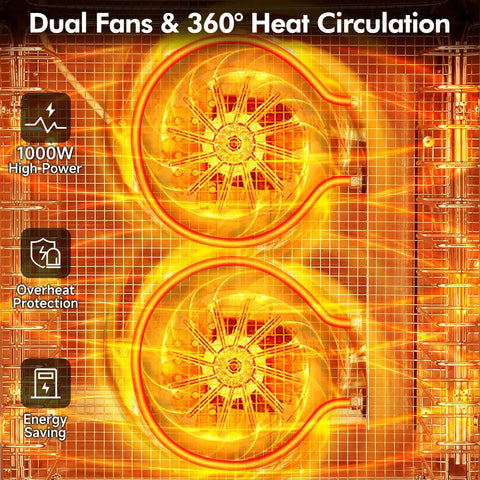 Top Shelf Heavy Duty Food Dehydrator With 12 Sleek Stainless Steel Trays And A Killer 1000W Dual Fan Setup featuring two powerful fans.