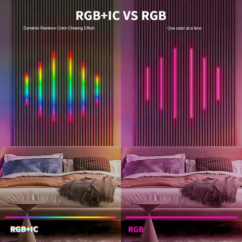 12PCS RGB+IC Led Recessed Lighting Kit Wall Panel Lights showcasing RGB+IC multi-color effect on wood slat wall.