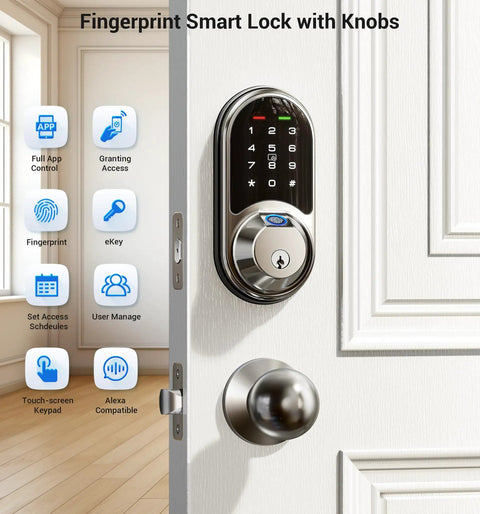 Top Shelf Fingerprint Smart Deadbolt Paired With Two Smooth Passage Knobs Offering No Fuss App Controlled Keyless Entry Security Solid Satin Nickel Hardware For Front Doors