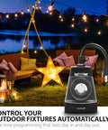 Outdoor Dual Timer Outlet Waterproof 24 Hour Mechanical Light Timer For Outdoor Lighting, Garden, Heavy Duty 15A 3-Prong Grounded Plug Weatherproof ETL Listed shown in garden setting with string lights and star decor
