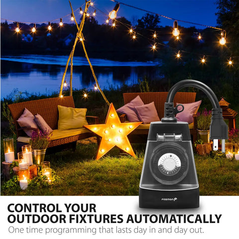 Outdoor Dual Timer Outlet Waterproof 24 Hour Mechanical Light Timer For Outdoor Lighting, Garden, Heavy Duty 15A 3-Prong Grounded Plug Weatherproof ETL Listed shown in garden setting with string lights and star decor