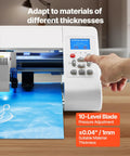 Pro Vinyl Cutter With Auto Edge Detection And Design Software For DIYers in use, showing 10-level blade adjustment.