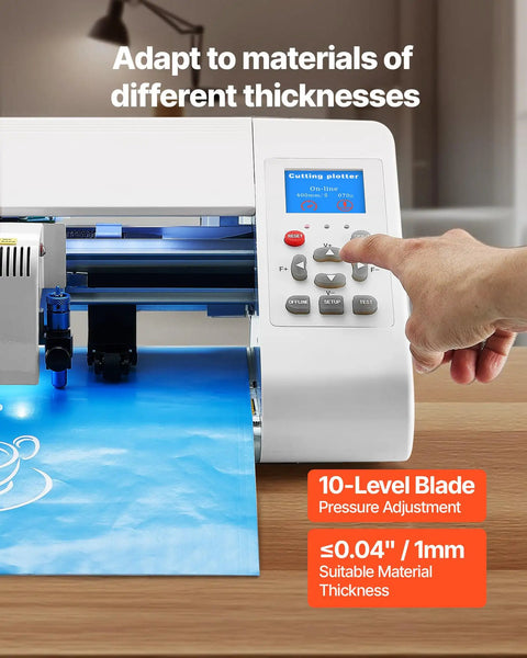 Pro Vinyl Cutter With Auto Edge Detection And Design Software For DIYers in use, showing 10-level blade adjustment.