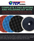 Pro Level Car Buffing And Polishing Kit With Eight Inch Waffle Foam Pads, Five Eighth Inch Threaded Backing Plate displayed.
