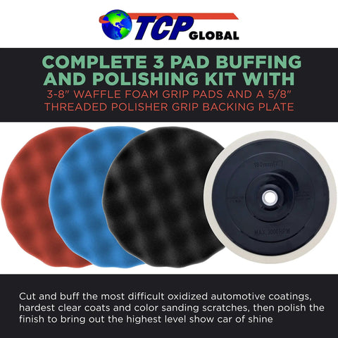 Pro Level Car Buffing And Polishing Kit With Eight Inch Waffle Foam Pads, Five Eighth Inch Threaded Backing Plate displayed.