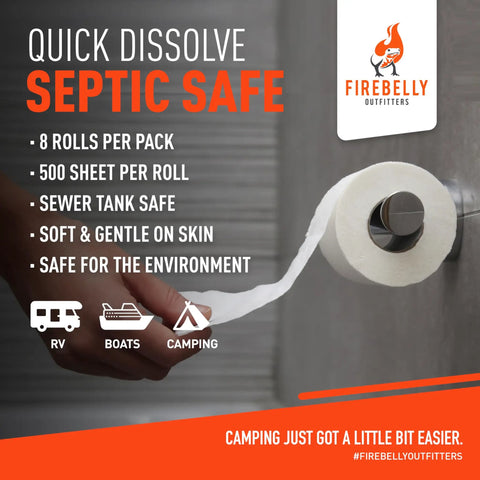 Fast Dissolving Two Ply RV Toilet Paper That Is Septic Tank Safe Made In USA Eight Roll Pack With Five Hundred Sheets Each