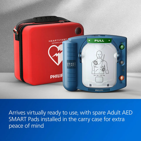 Two-item Philips HeartStart OnSite AED set with blue unit and red carry case, front view.