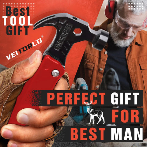 Person holding a red Kickass All In One Hammer Multitool Kit For Men And Women Gift Ideas For Dad Grandpa Him Camping Gear Survival