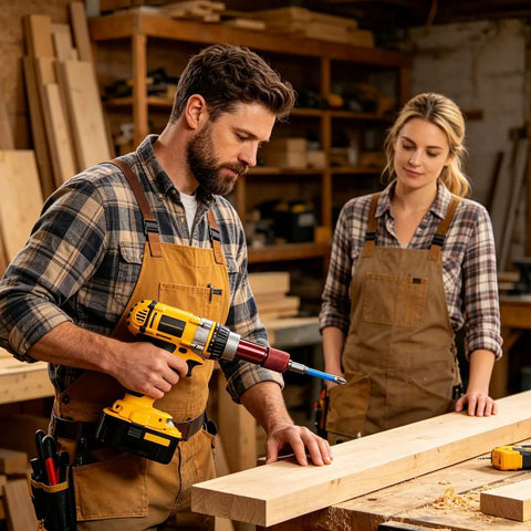 Man using Self Locking Drill To Angle Grinder Adapter In Carbon Steel For Safe Quick Tool Swaps in a woodworking shop