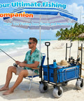 Man using Heavy Duty Beach Fishing Cart For Sand with 9 Inch All Terrain Wheels, rod holders, and side pockets on a beach