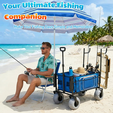Man using Heavy Duty Beach Fishing Cart For Sand with 9 Inch All Terrain Wheels, rod holders, and side pockets on a beach