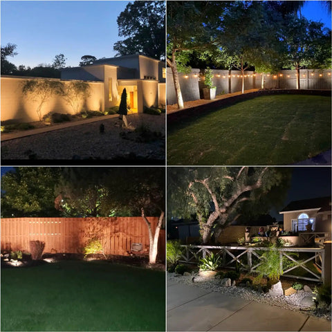 Night garden with 4 Pack Low Voltage Outdoor Landscape Flood Lights 5W LED Kit highlighting pathways and greenery