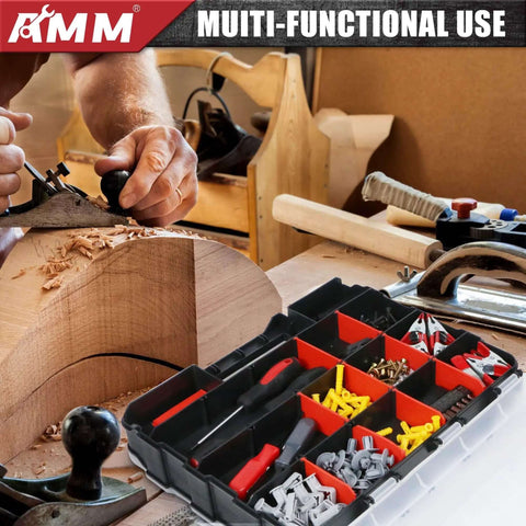 Double Sided Tool Box Organizer With 34 Compartments And 24 Removable Dividers Red Tackle Box on woodworking bench