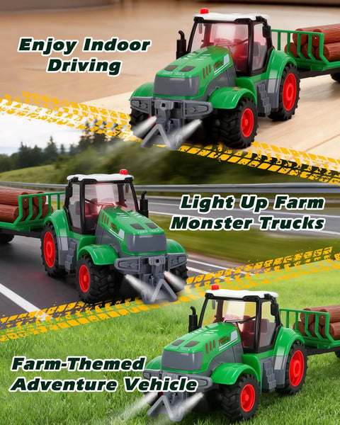 One Twenty Fourth Scale RC Farm Truck With Detachable Trailer And Wood Logs Realistic Lights Rechargeable Battery For Kids Aged 6 To 12 Great Kid Friendly Gift For Toddlers And Young Builders shown in various settings: indoor, road, and field.