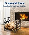 Bear Pattern Firewood Rack 16.5 Inch Wrought Iron Log Holder in living room near fireplace, indoor use, black finish.