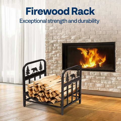 Bear Pattern Firewood Rack 16.5 Inch Wrought Iron Log Holder in living room near fireplace, indoor use, black finish.