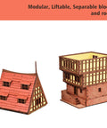 Realistic Medieval Rowhouse DIY Wood Building Kit for Teens and Adults with modular, liftable roof sections