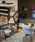 Heavy Duty Folding Table Risers 8 Pack Adjustable Leg Extenders For Straight And Bent Legs in various setups and uses.