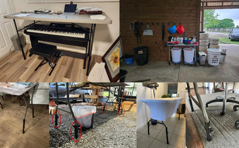Heavy Duty Folding Table Risers 8 Pack Adjustable Leg Extenders For Straight And Bent Legs in various setups and uses.