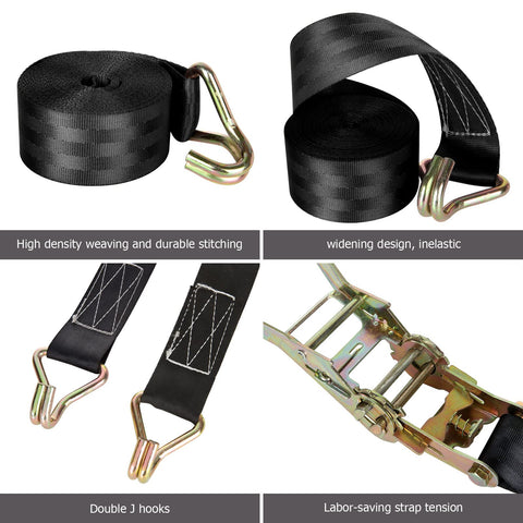 Heavy Duty 2 Inch Ratchet Straps Set, 20 Feet Long With Double J Hooks, 8000 Lbs Break Strength, Built To Haul Rugged Cargo Tie Downs