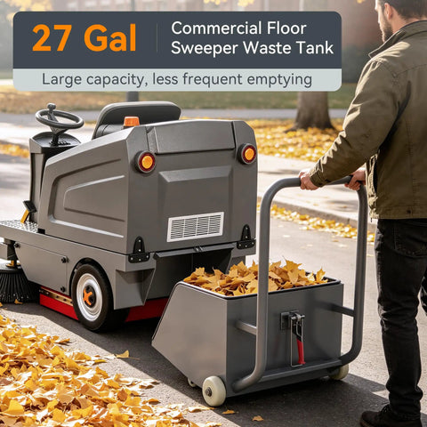51 Inch Ride On Commercial Floor Sweeper With 27 Gallon Hopper And Powerful 800W Motor. This Big Duty Machine Boasts A Wide Path For Fast Cleaning In Warehouses And Factories. Get Ready To Sweep Up Messes Like A Boss With This Pro Grade Equipment.